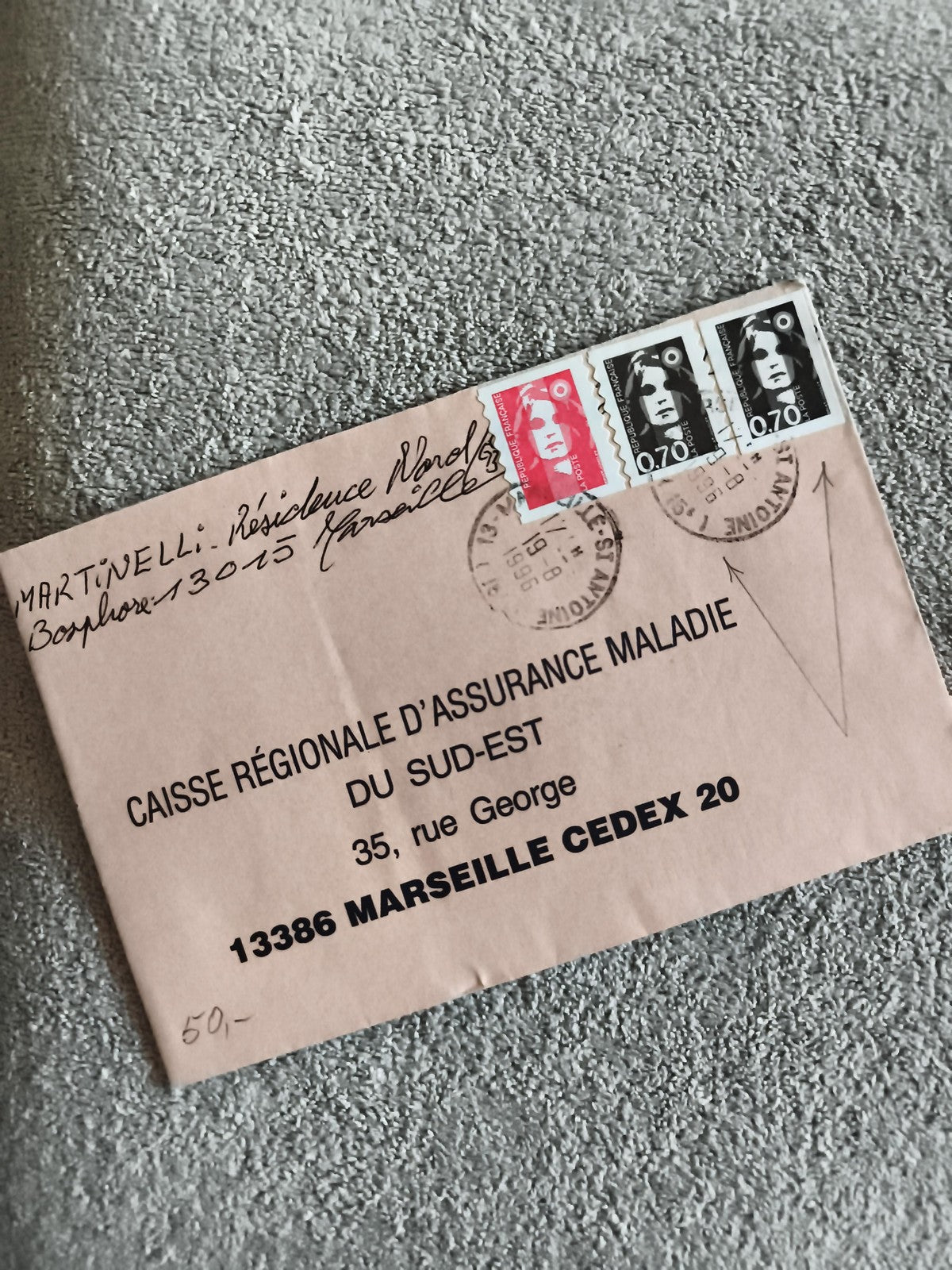 Lettre affranchie Marianne 1986 timbres 0,70 1,40 Marseille philatélie