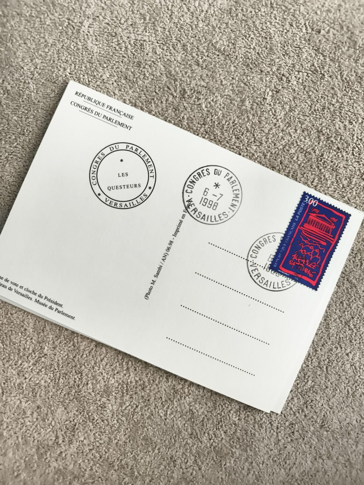 Carte postale Congrès Parlement Versailles 1998 oblitérée timbre philatélie
