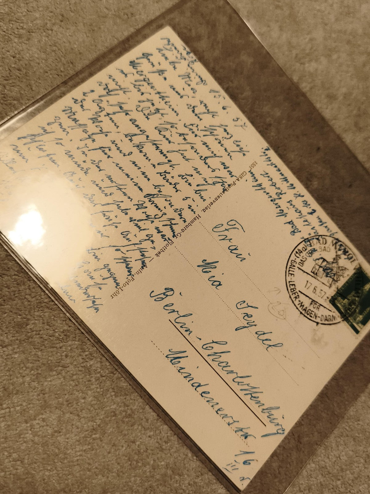 Carte postale Allemagne 1957 manuscrite timbre oblitéré Berlin philatélie (Ref 2