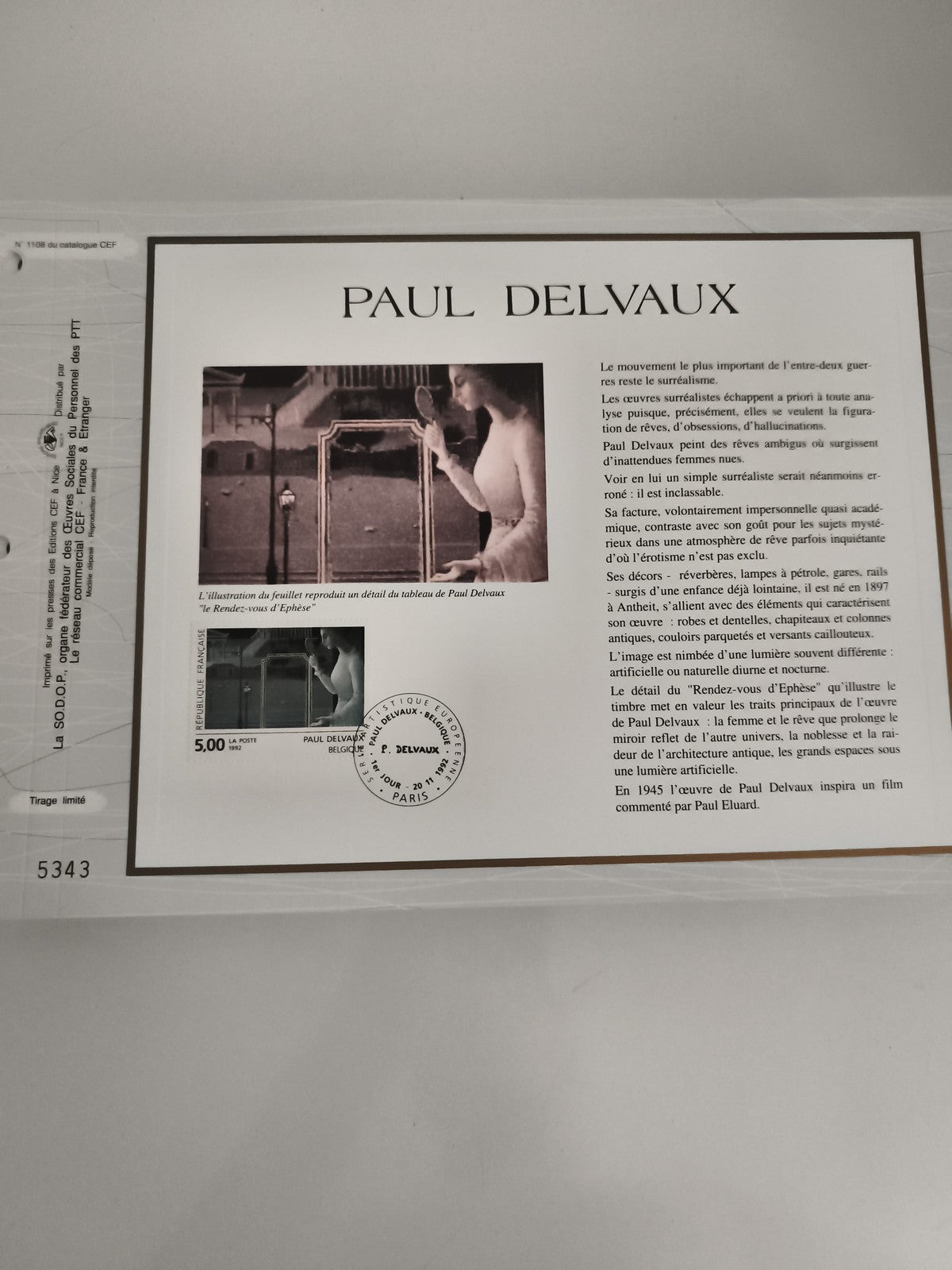 Feuillet CEF Paul Delvaux timbre 5F Belgique surréalisme oblitéré illustré