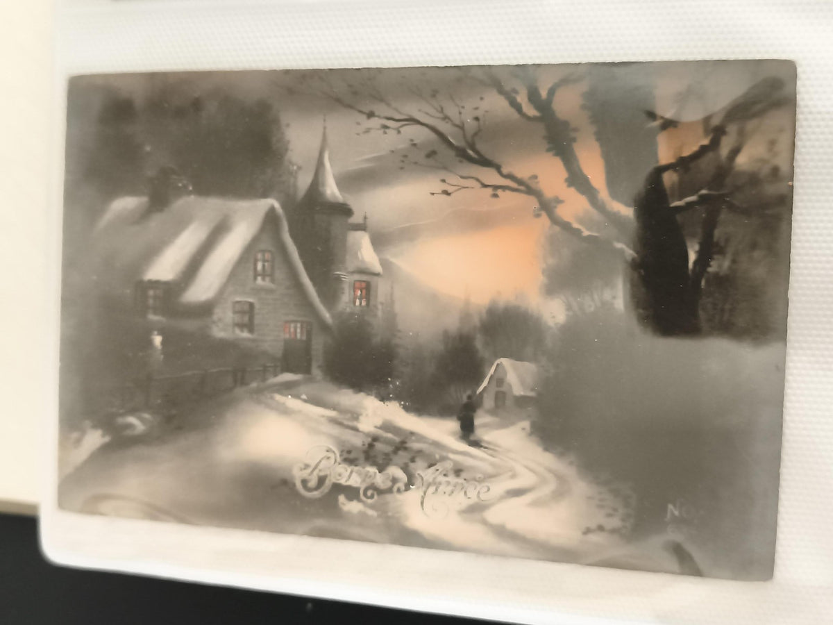 Carte postale ancienne hiver neige village animation CPA paysage rétro
