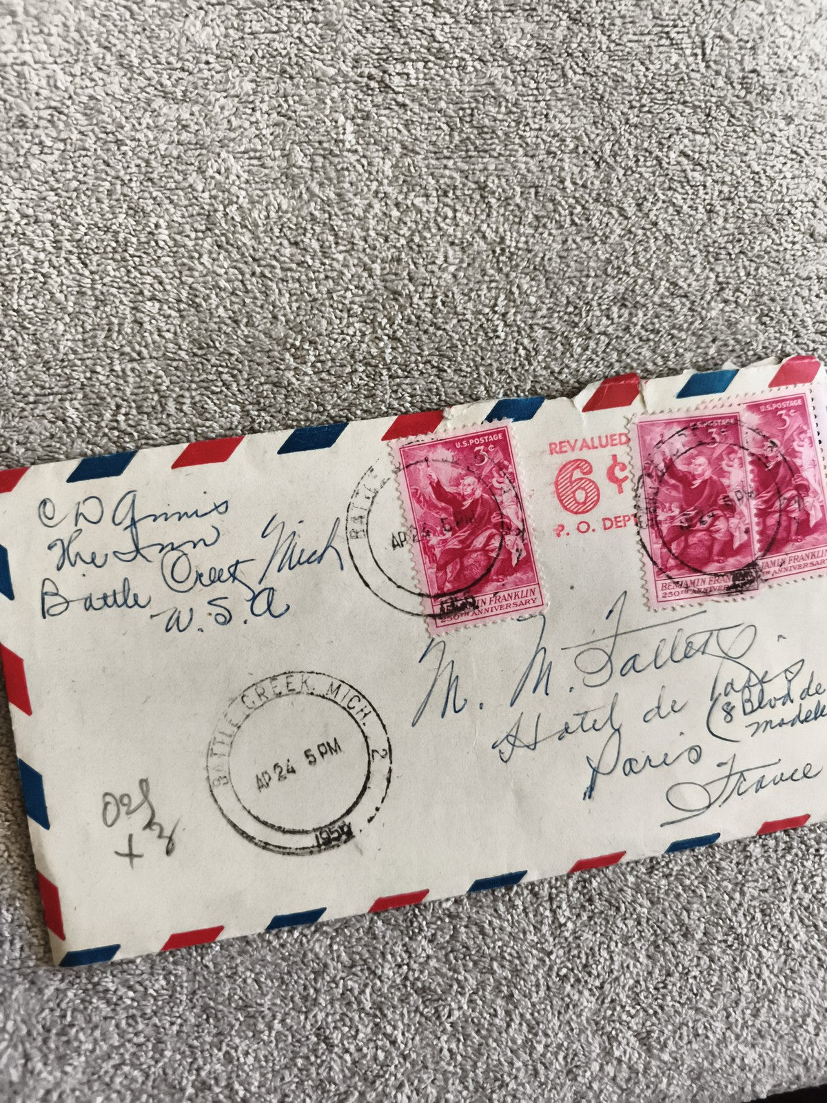Lettre avion USA France timbres Benjamin Franklin 6c 1956 philatélie poste