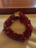 Bracelet fantaisie vintage signé rouge, perles torsadées, pièce unique