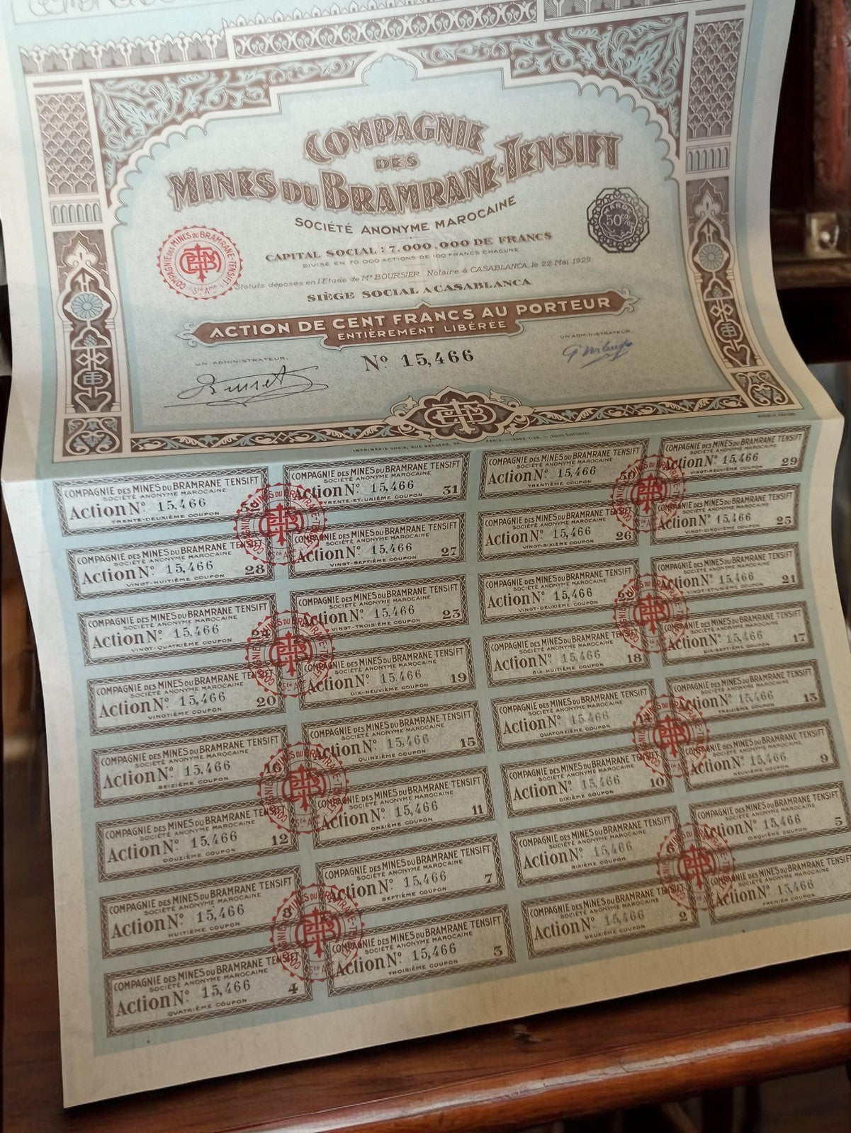 Action au porteur Mines du Brabran-Tensift Maroc années 1920 document financier