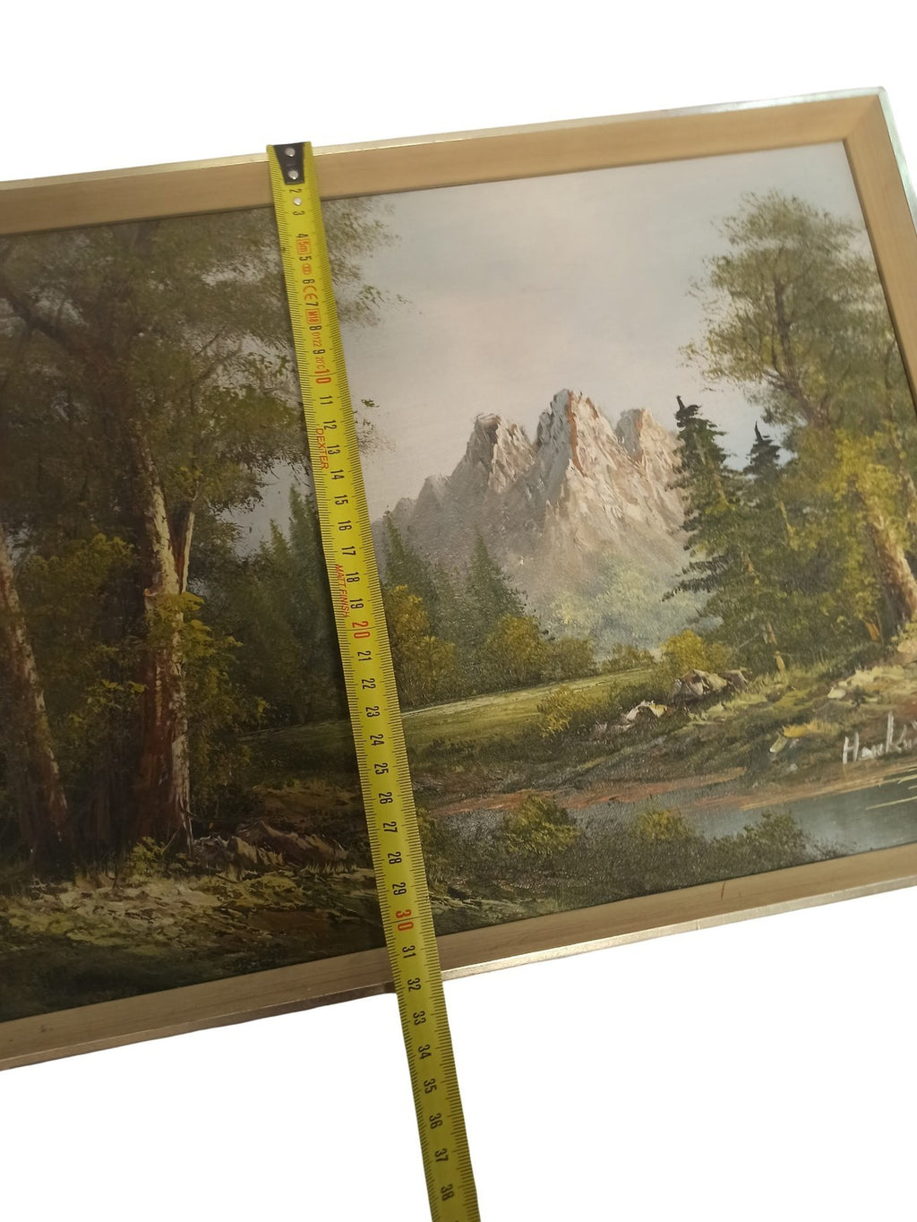Tableau ancien paysage forêt montagnes signé Hawkins peinture vintage déco