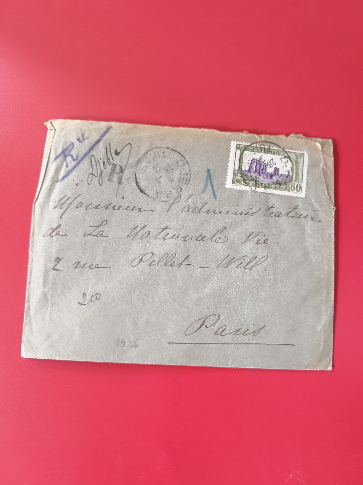 Enveloppe philatélie timbrée manuscrite grise Paris cachet visible