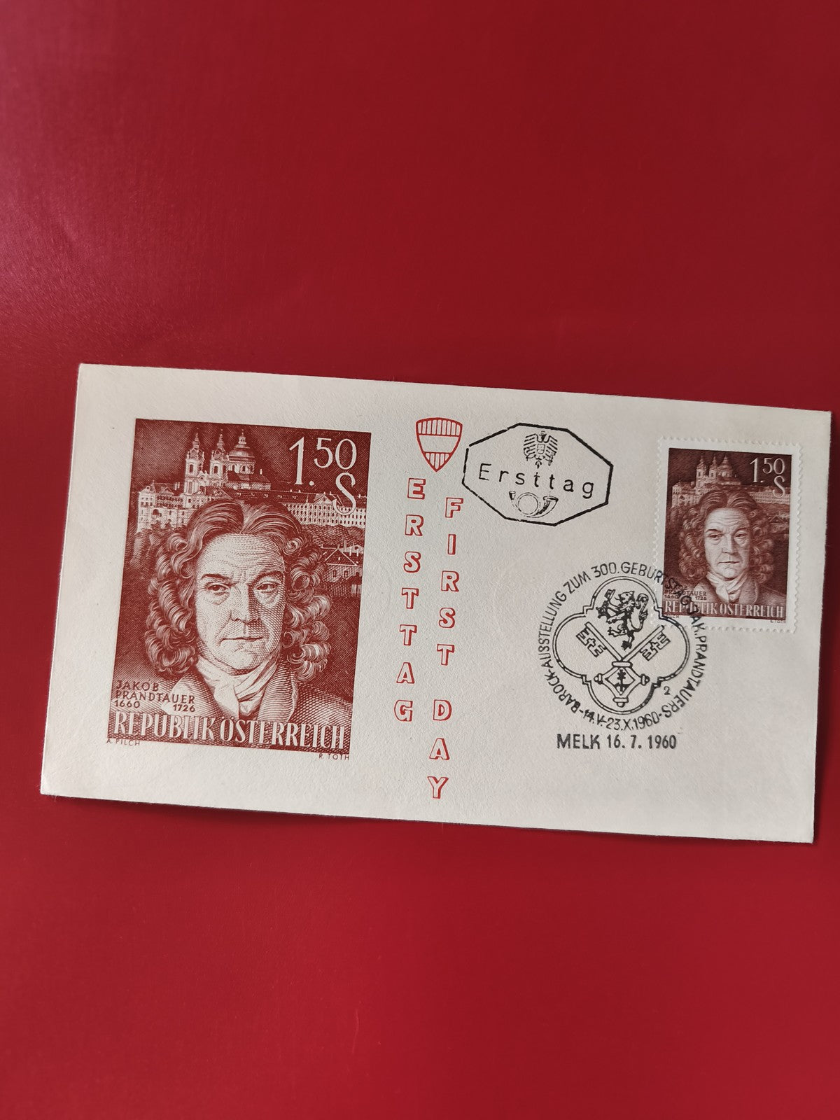 Enveloppe philatélie Autriche 1,50 S Jakob Prandtauer timbre et cachet 1960