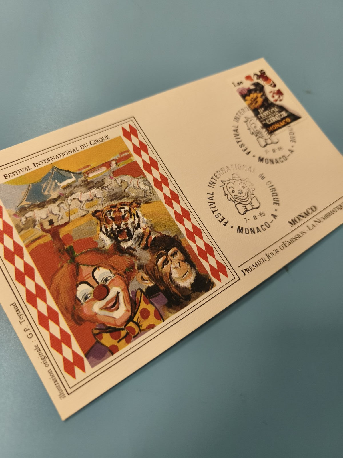 Enveloppe FDC Monaco Festival International du Cirque timbre illustré clown anim