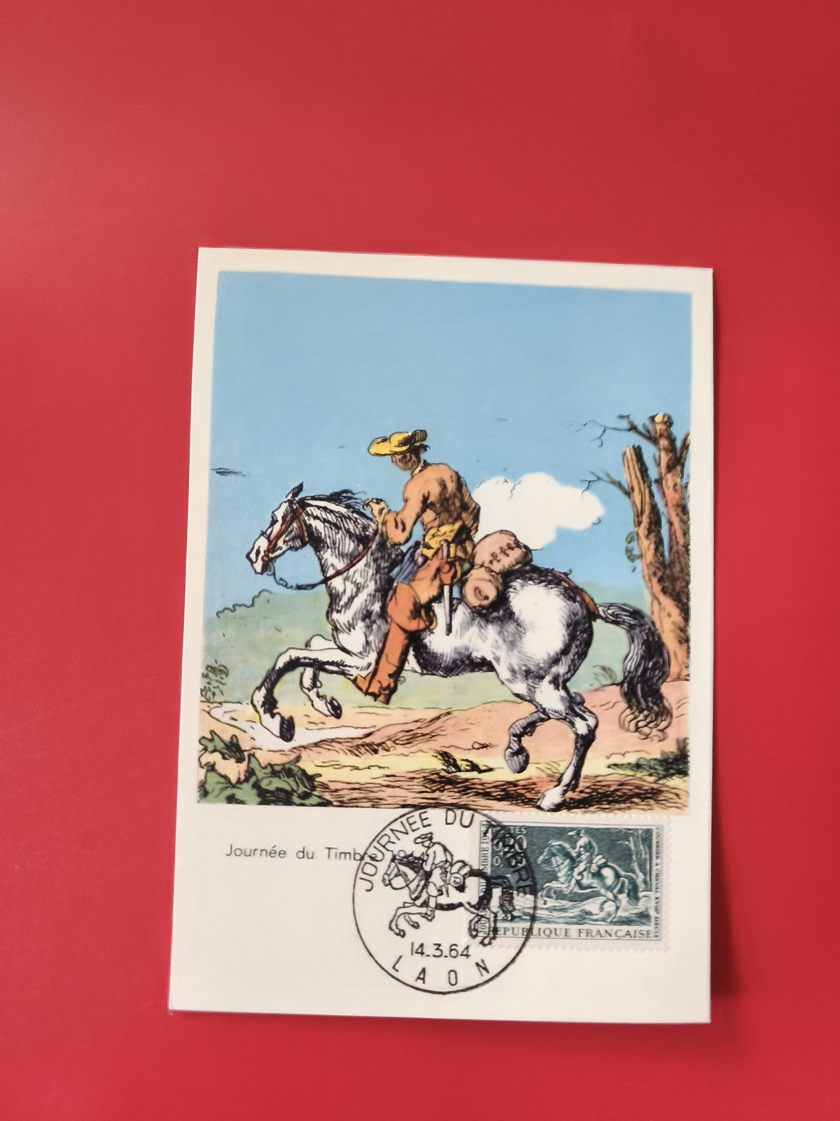 Carte postale philatélie illustrée cavalier timbre oblitéré Journée du Timbre