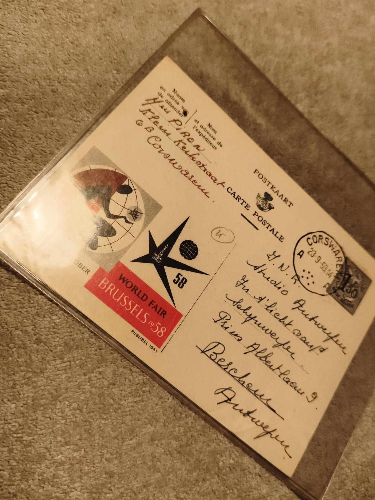 Carte postale Expo 58 Bruxelles timbrée philatélie Belgique World Fair (Ref 27)