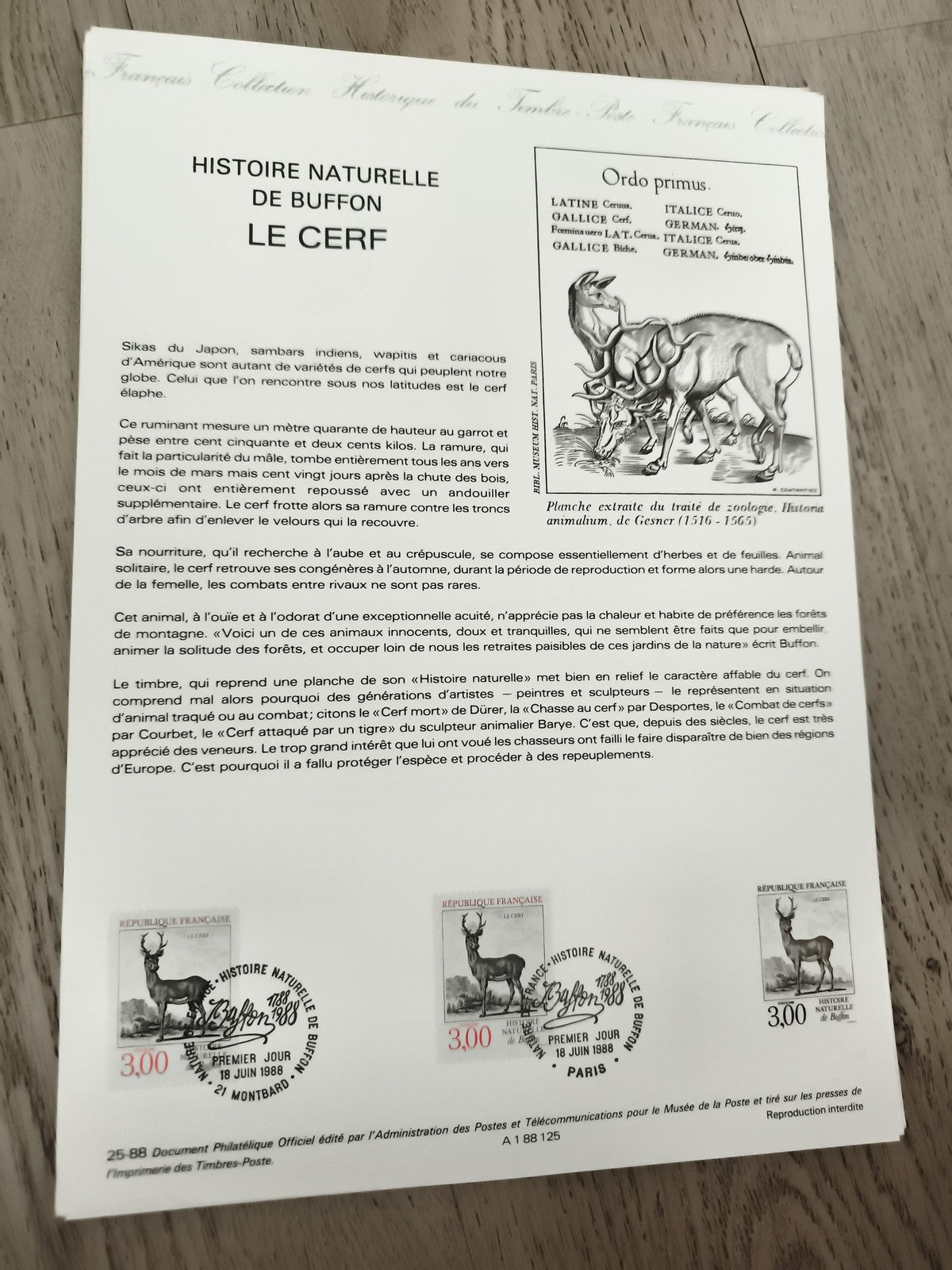 Feuillet philatélique Buffon Le Cerf 1988 timbres 3.00 FR histoire naturelle