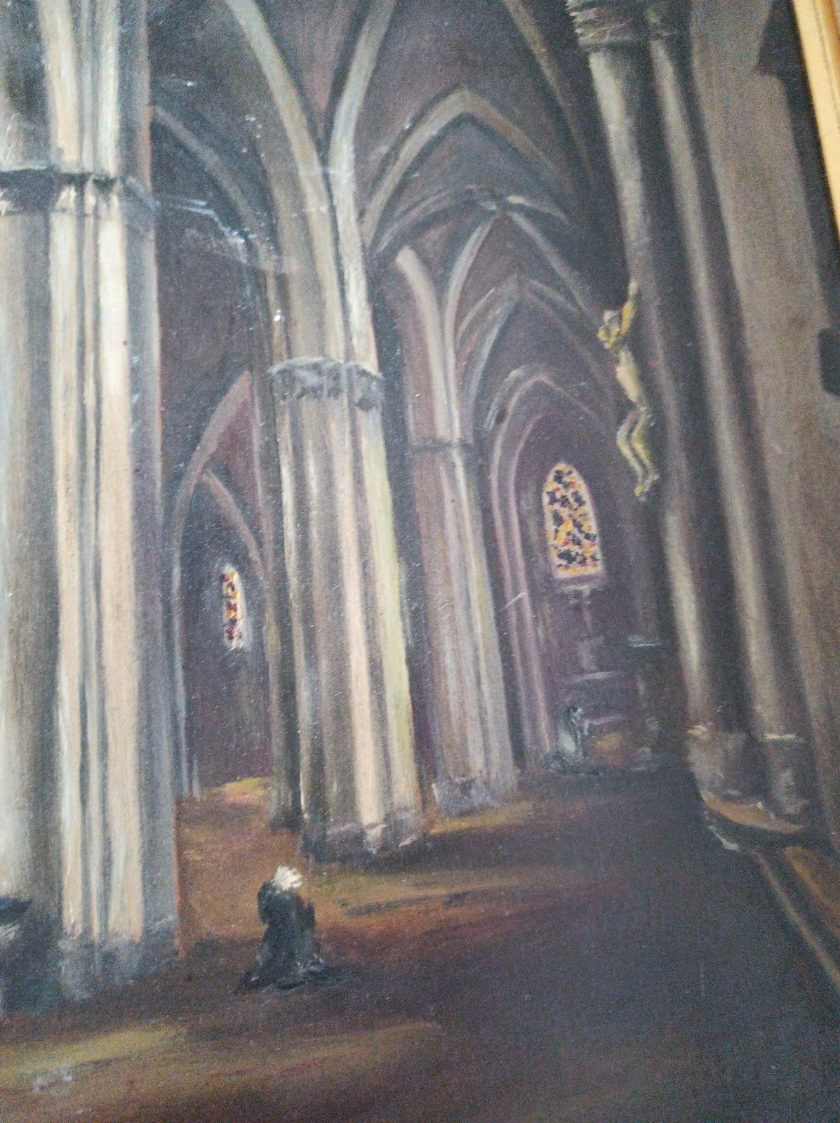 Tableau cathédrale intérieur signé H. Wattebled peinture XIXe encadrée