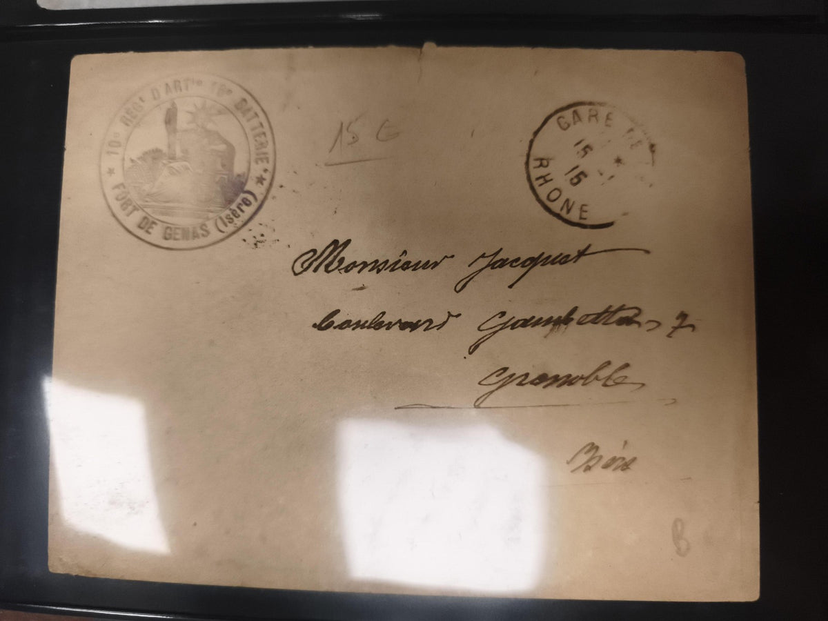 Lettre militaire Fort de Genas Isère 10e régiment artillerie cachet Gare de Rhôn