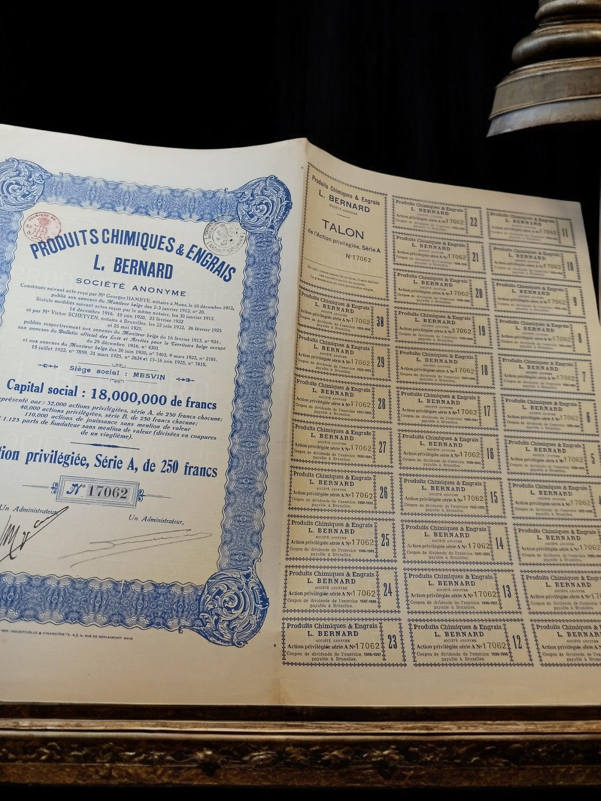 Vintage Chemicals & Fertilizers L. Bernard stock certificate 1920s decorative item