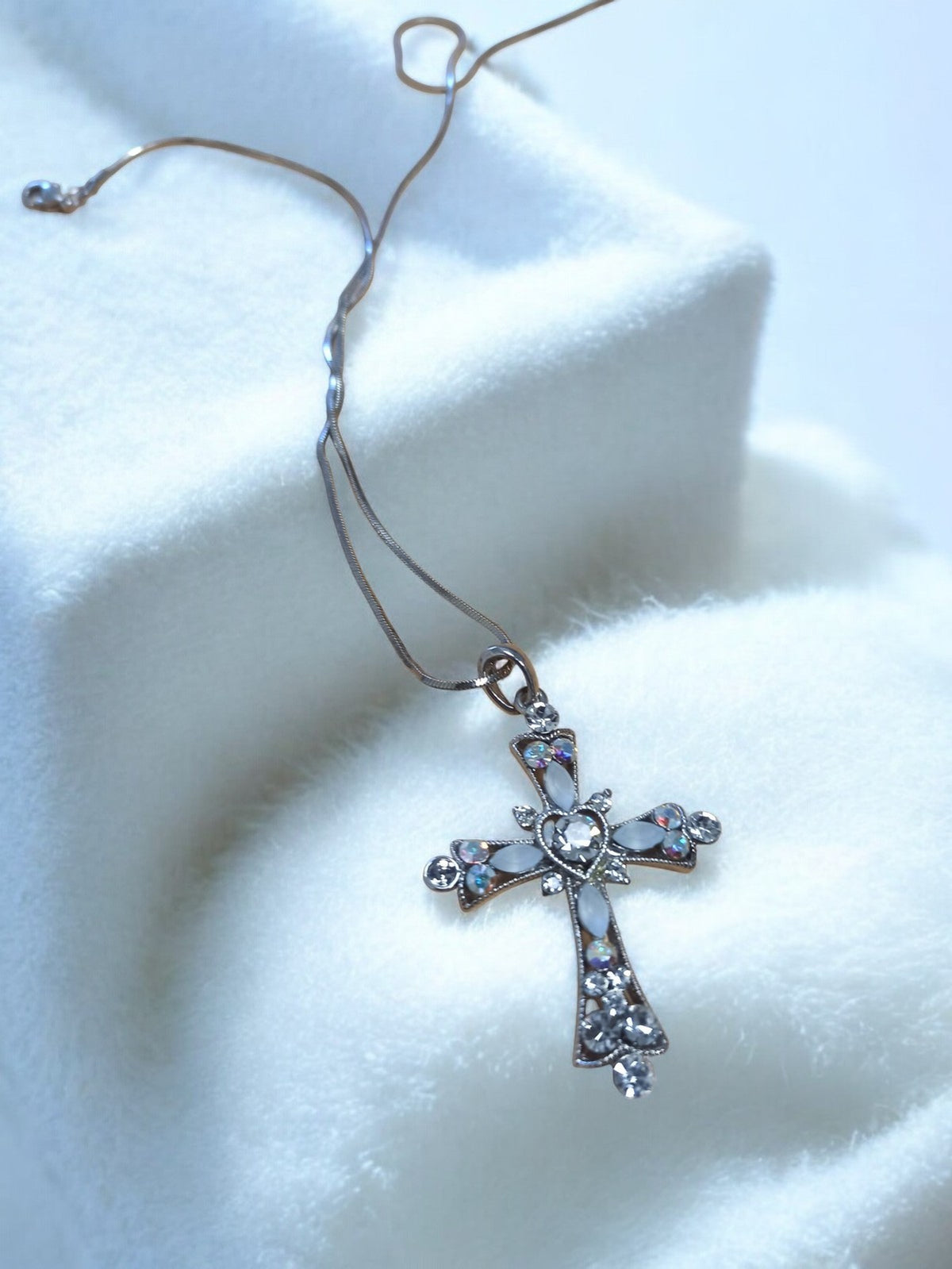 Vintage old necklace, fancy retro cross pendant, multi-colored rhinestones