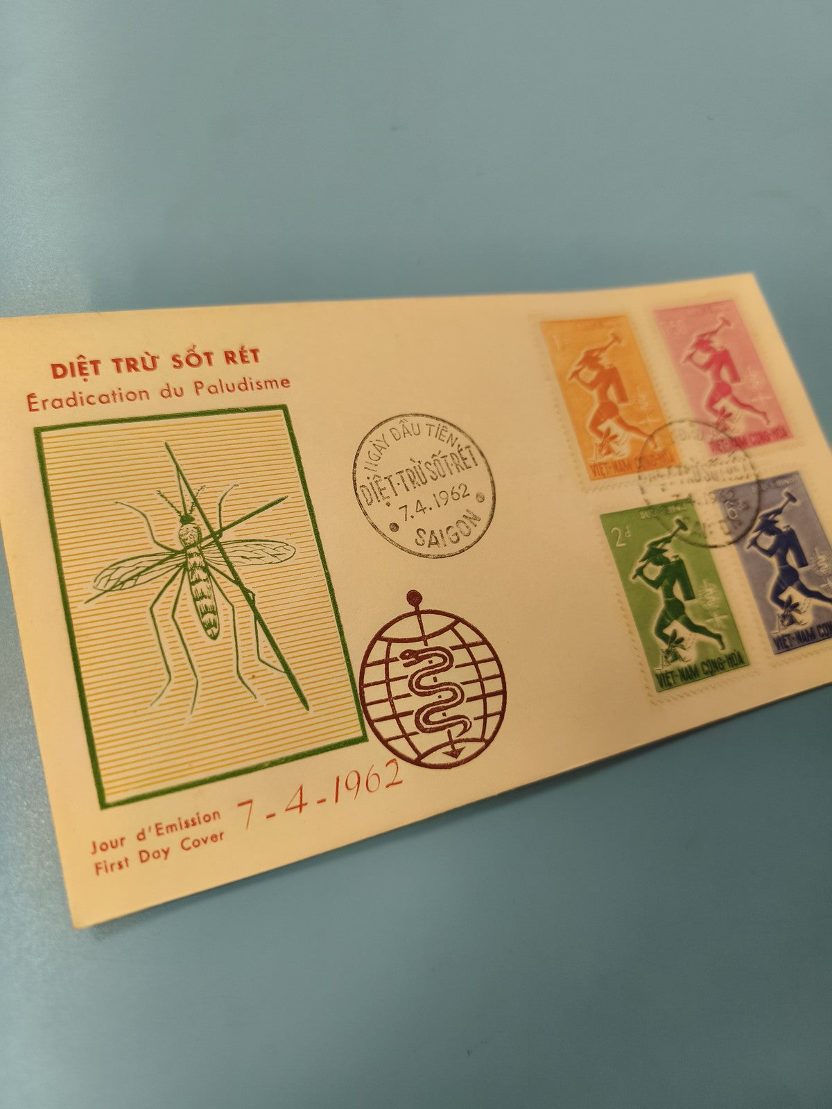 Ancienne enveloppe FDC Vietnam 1962 paludisme timbres colorés philatélie