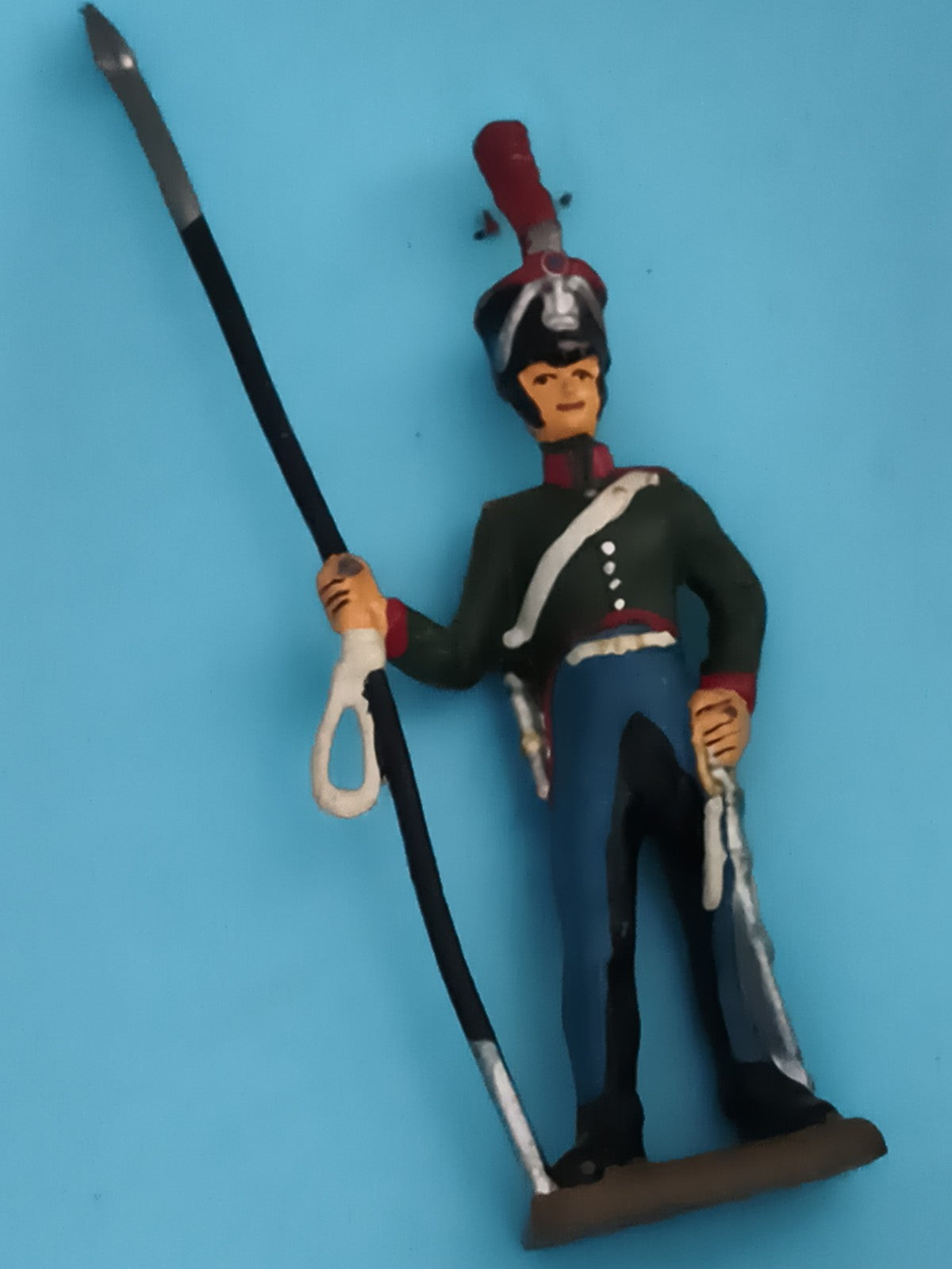 Figurine soldat plomb ancien, uniforme Empire, lance, peinture main vintage