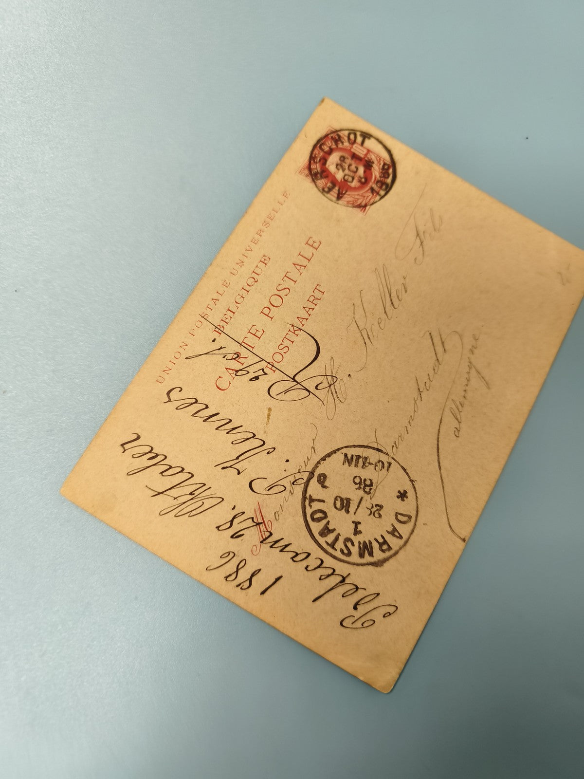 Ancienne carte postale fin XIXe philatélie France, tampon 1886, vintage