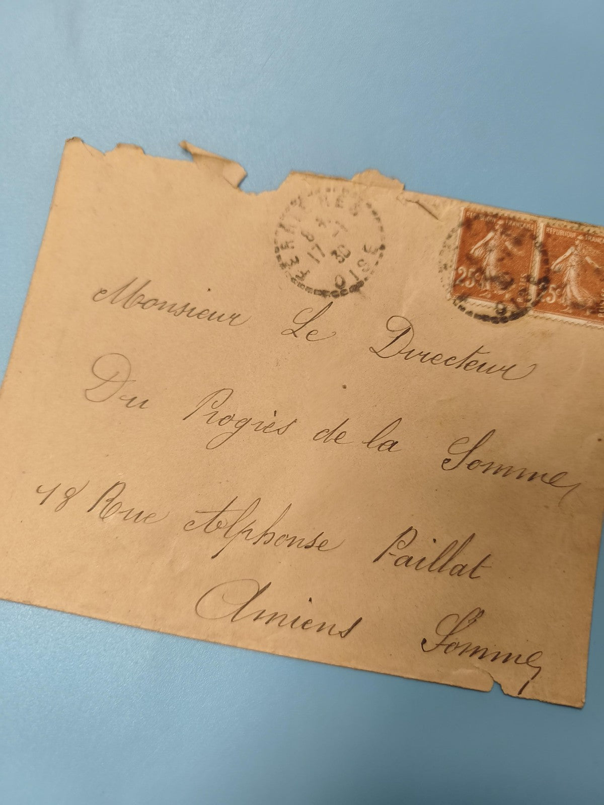 Ancienne enveloppe oblitérée début XXe philatélie, timbres Semeuse, Amiens