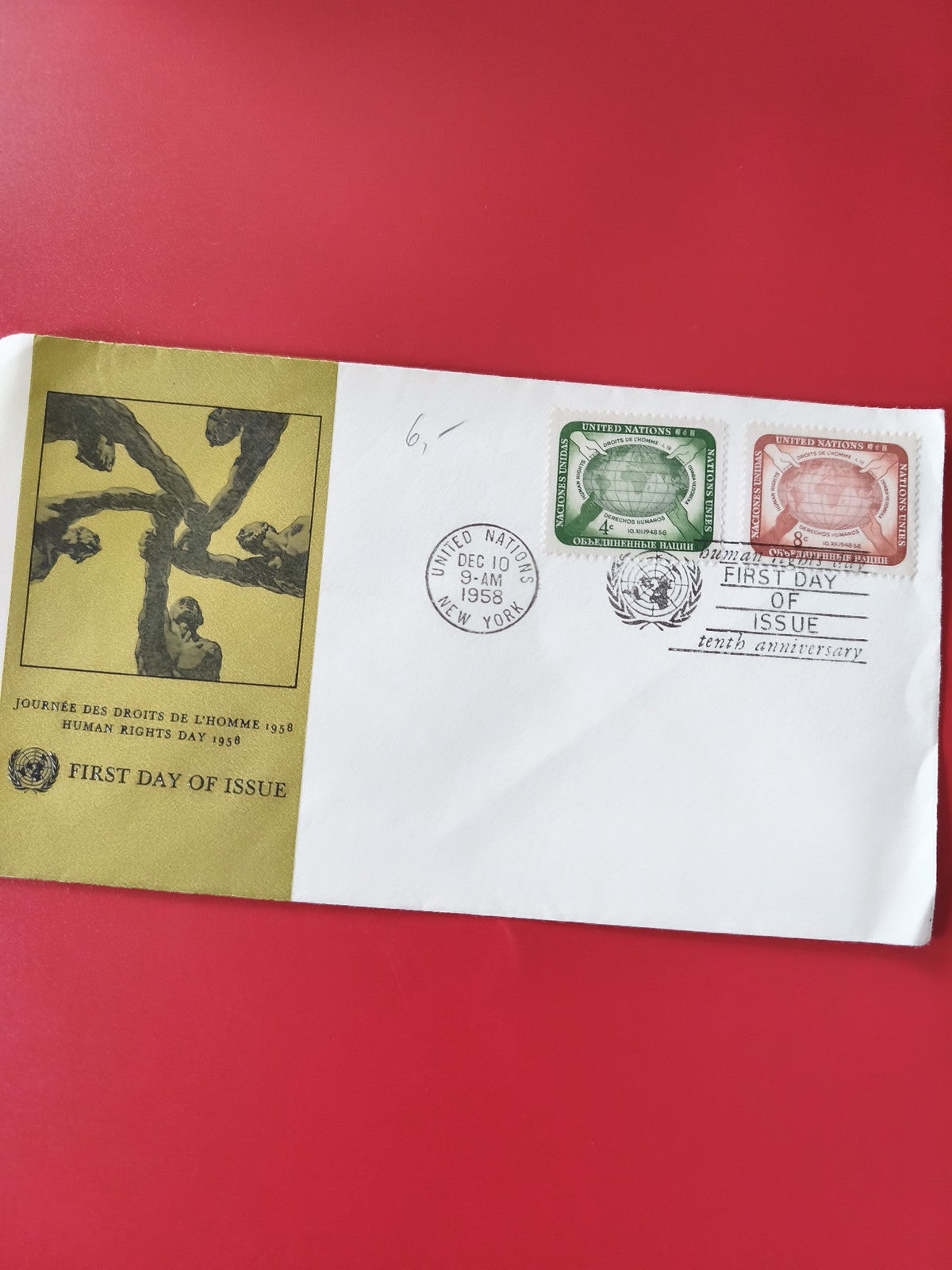 Enveloppe philatélie ONU 1958 Journée des Droits de l?Homme, timbres verts et ro