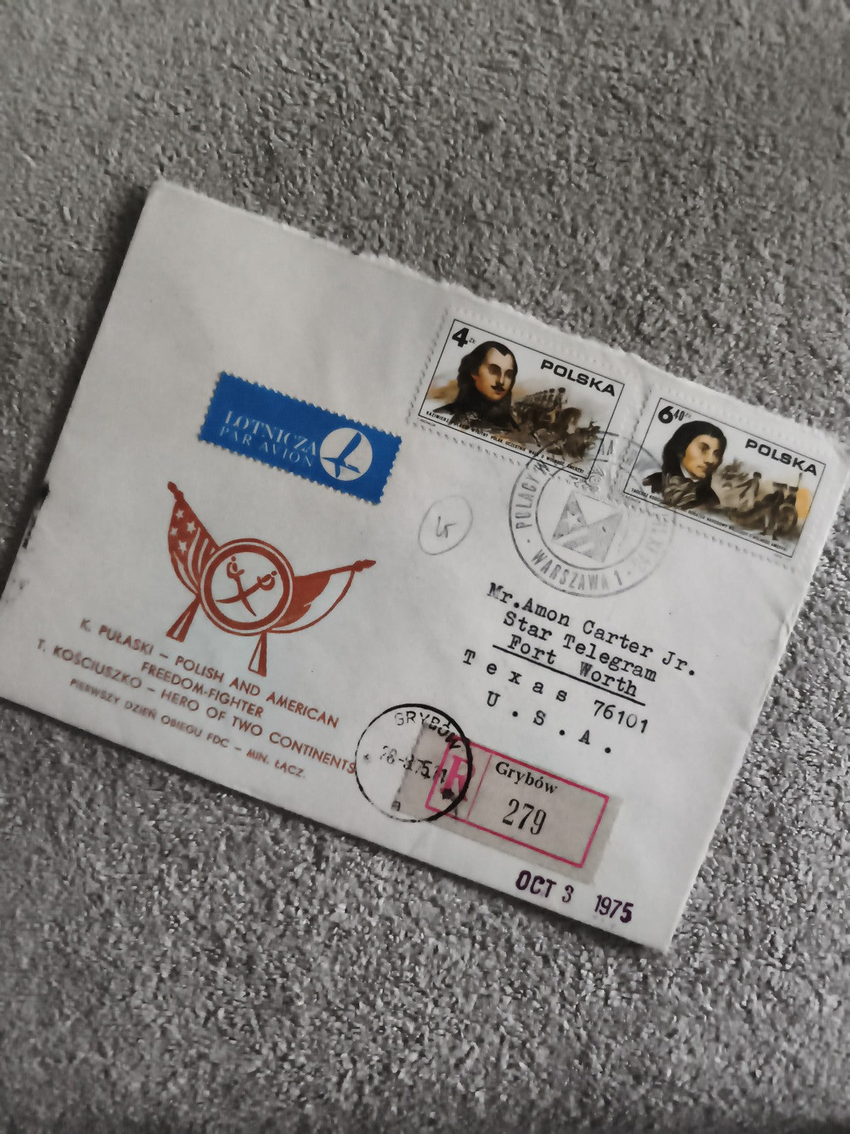 Lettre FDC 1975 Pologne USA timbres Kosciuszko Pulaski philatélie aviation