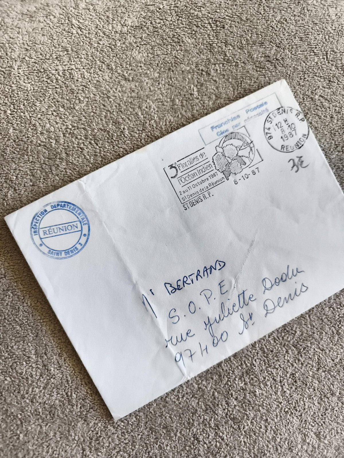 Lettre oblitérée Réunion 1987 St Denis philatélie cachet Poste Ocean Indien