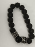 Bracelet perles pierre de lave noire, style ethnique, acier argenté ancien