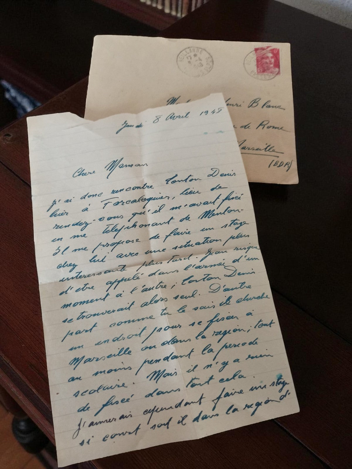 Lettre manuscrite ancienne 1945 avec enveloppe timbrée Marseille vintage