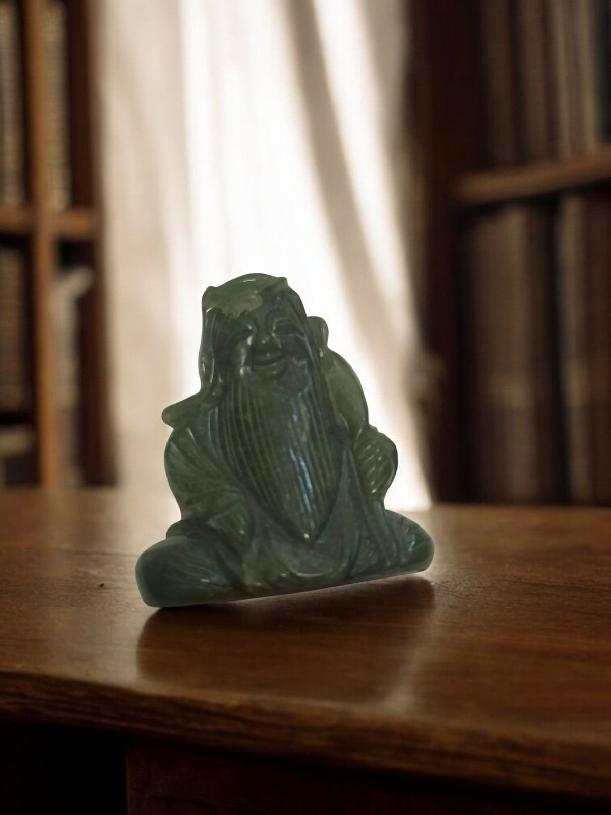 Statue ancienne asiatique jade vert, figurine vintage décor oriental