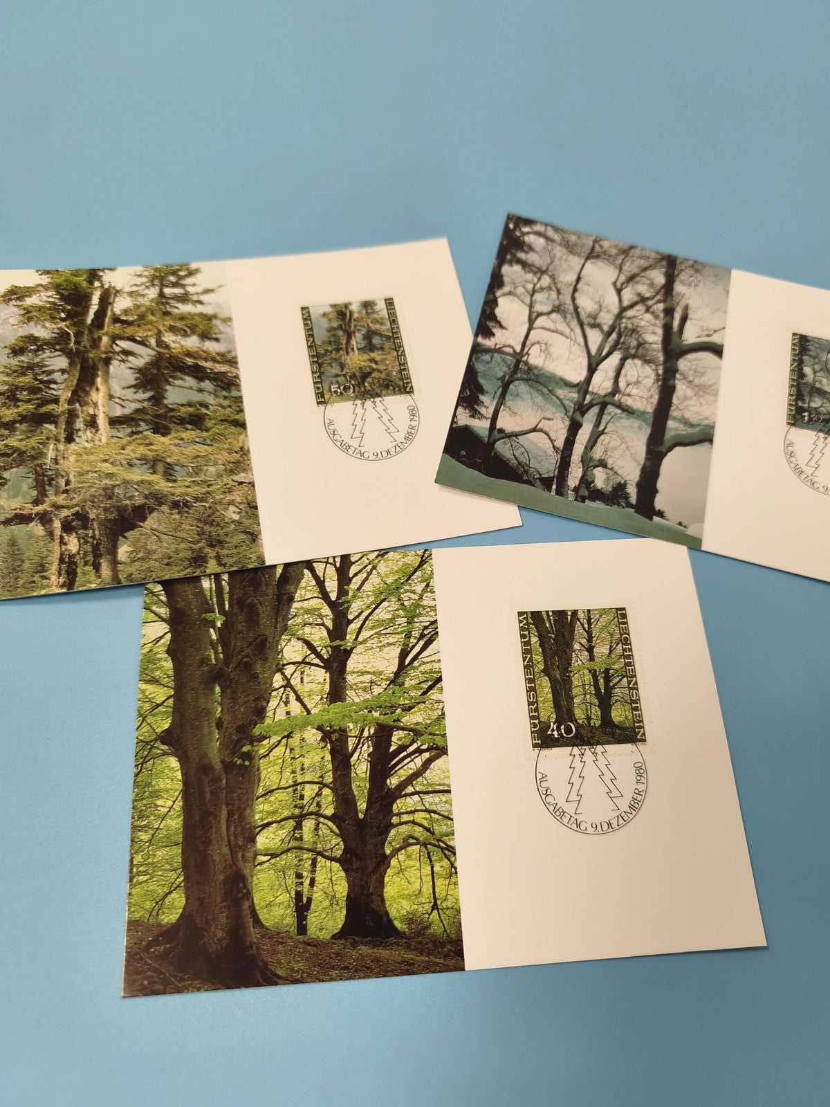 Cartes postales philatélie arbres paysages timbres Liechtenstein lot illustré