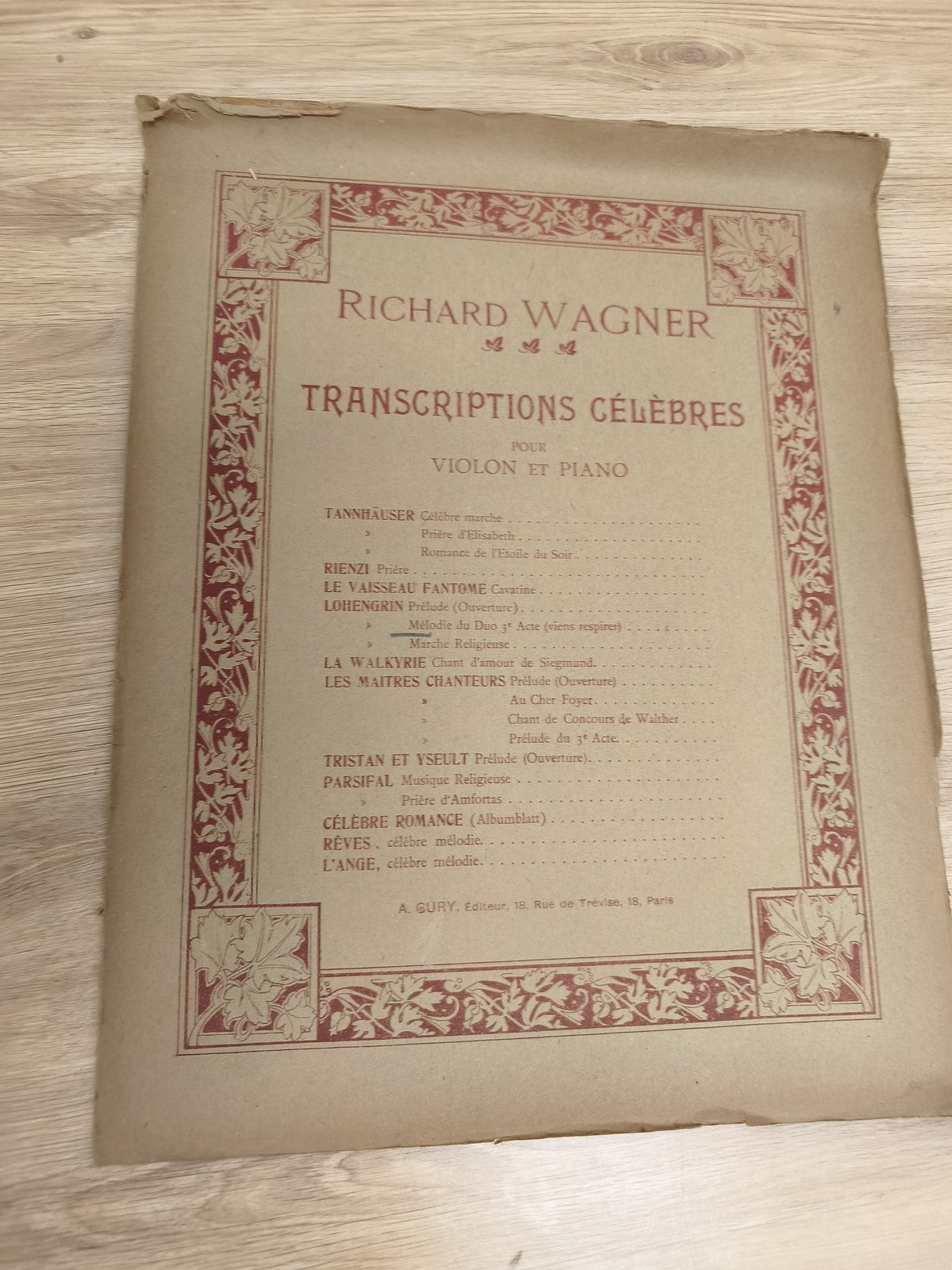 Ancien livre partitions violon piano Wagner Transcriptions célèbres vintage