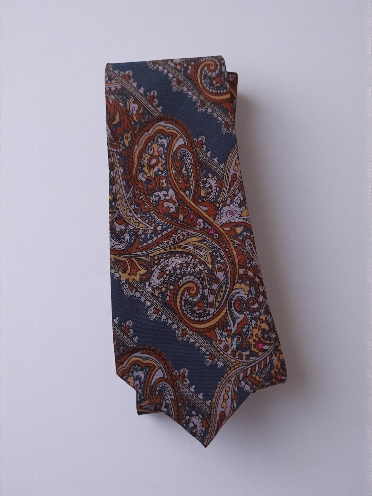 Cravate vintage Marc Pooler soie motif cachemire bleu orange rétro élégant