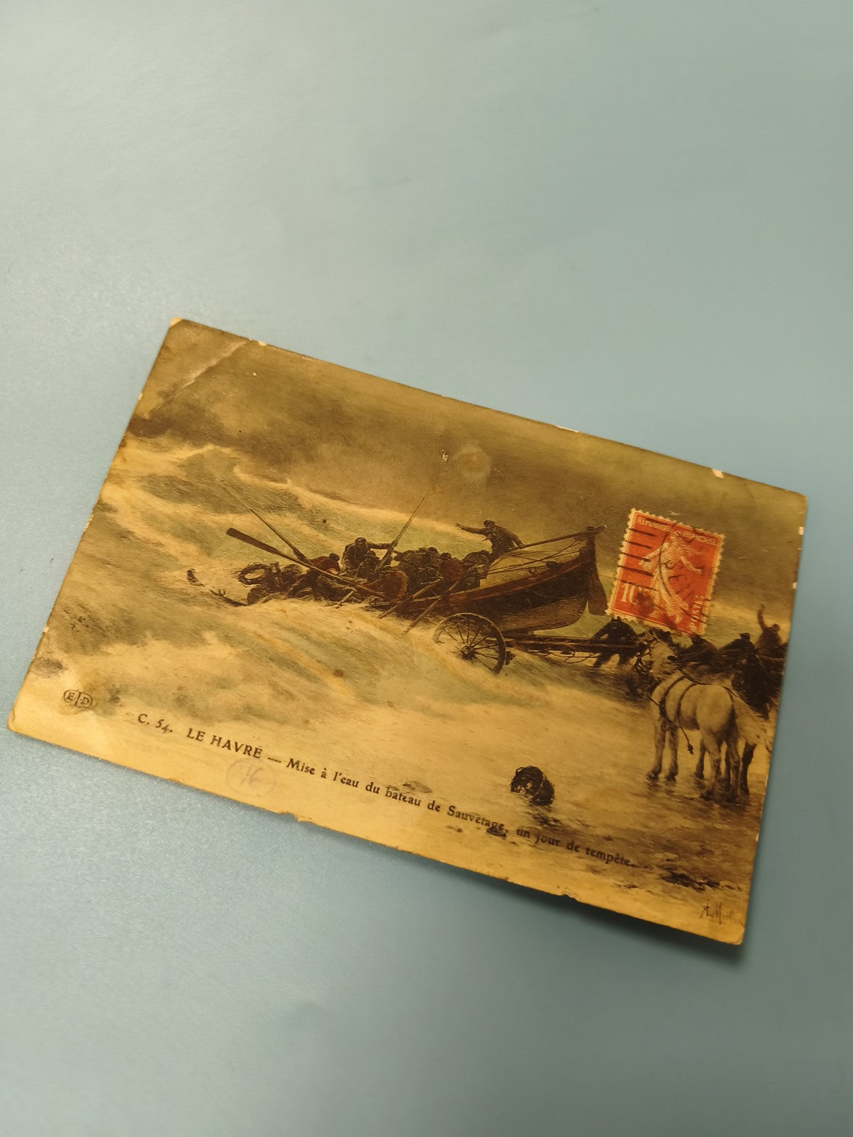 Ancienne carte postale animée Le Havre bateau sauvetage tempête timbre