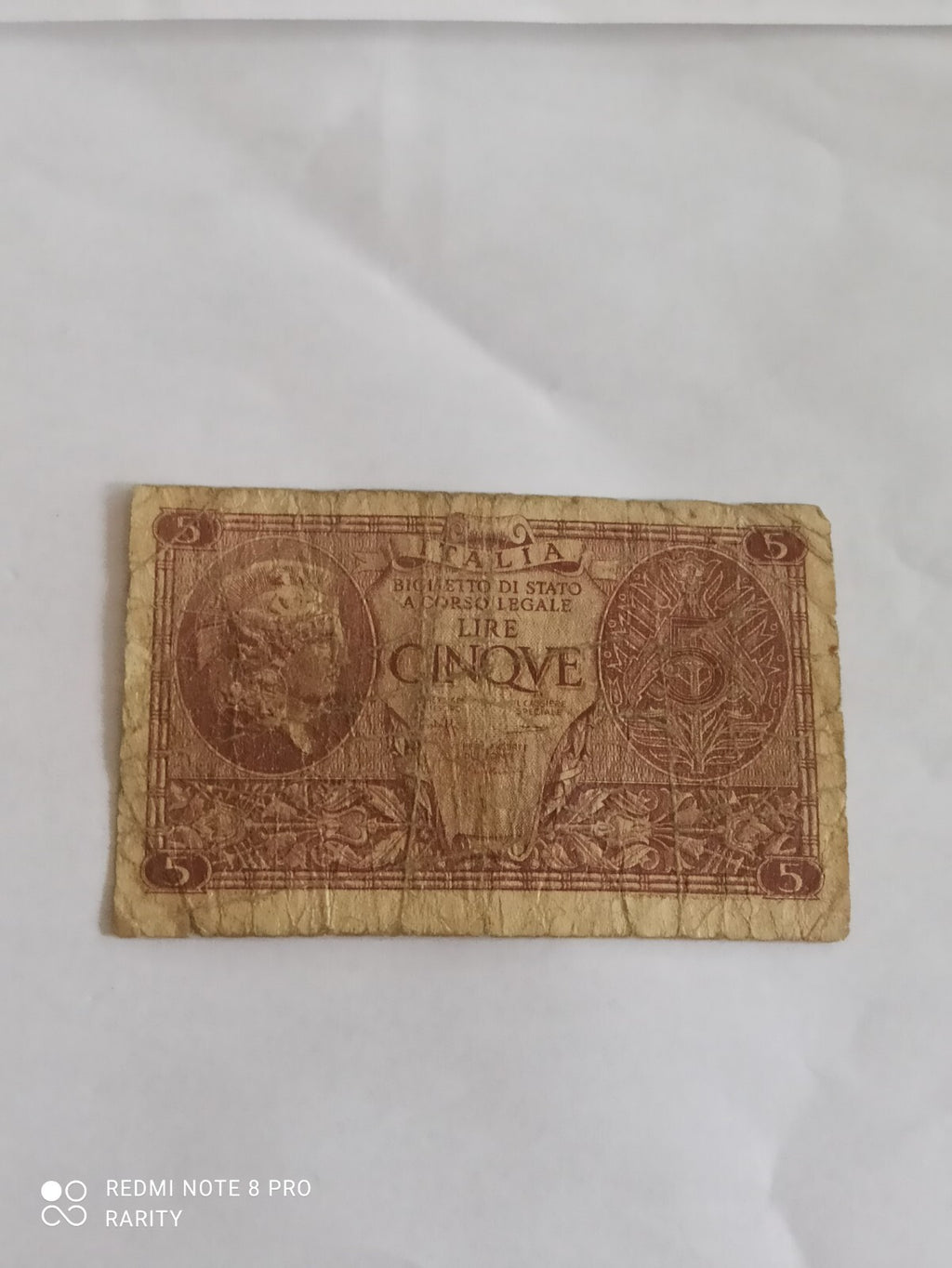 Billet Italie 5 Lire ancien, brun, Banca d’Italia, papier, CINQUE, monnaie histo