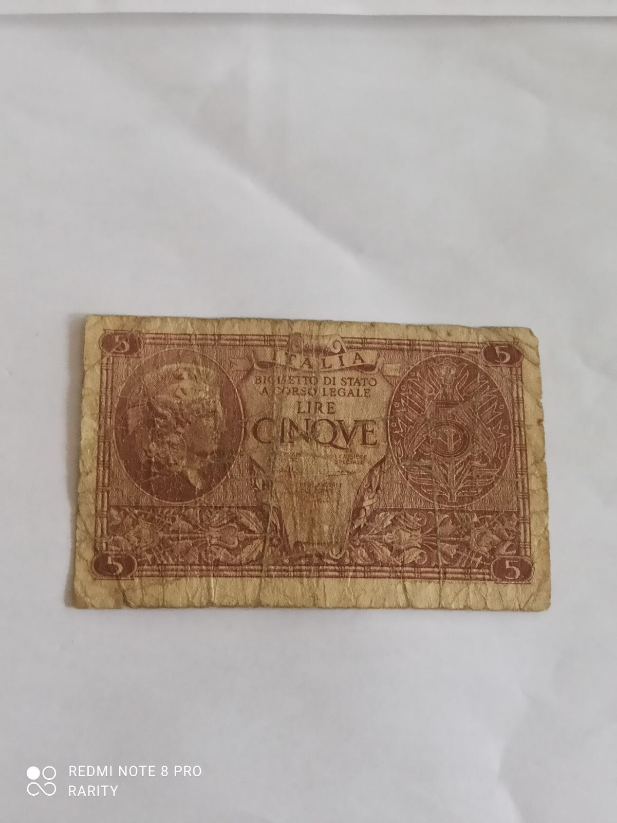 Billet Italie 5 Lire ancien, brun, Banca d’Italia, papier, CINQUE, monnaie histo