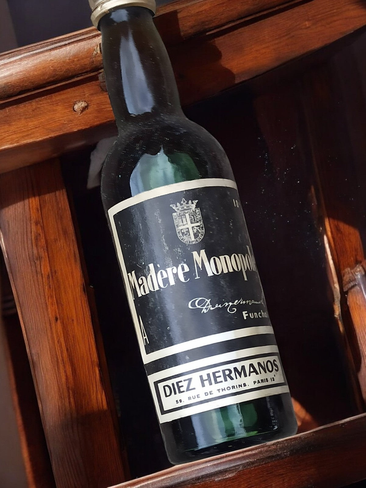 Bouteille vintage Madère Monopole Diez Hermanos ancienne déco bar