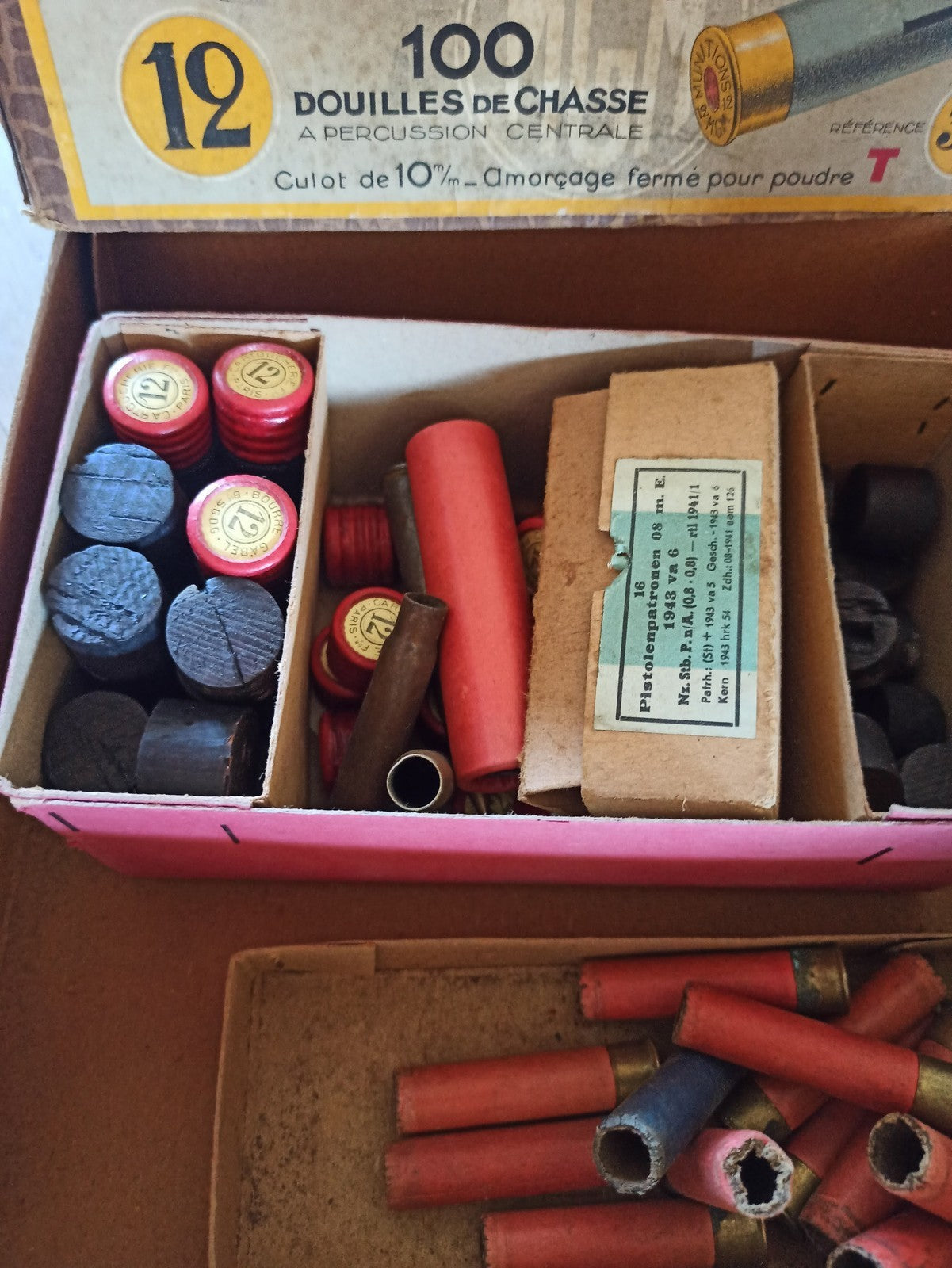Lot douilles de chasse anciennes cal 12 + boîtes d’origine Manufacture Générale