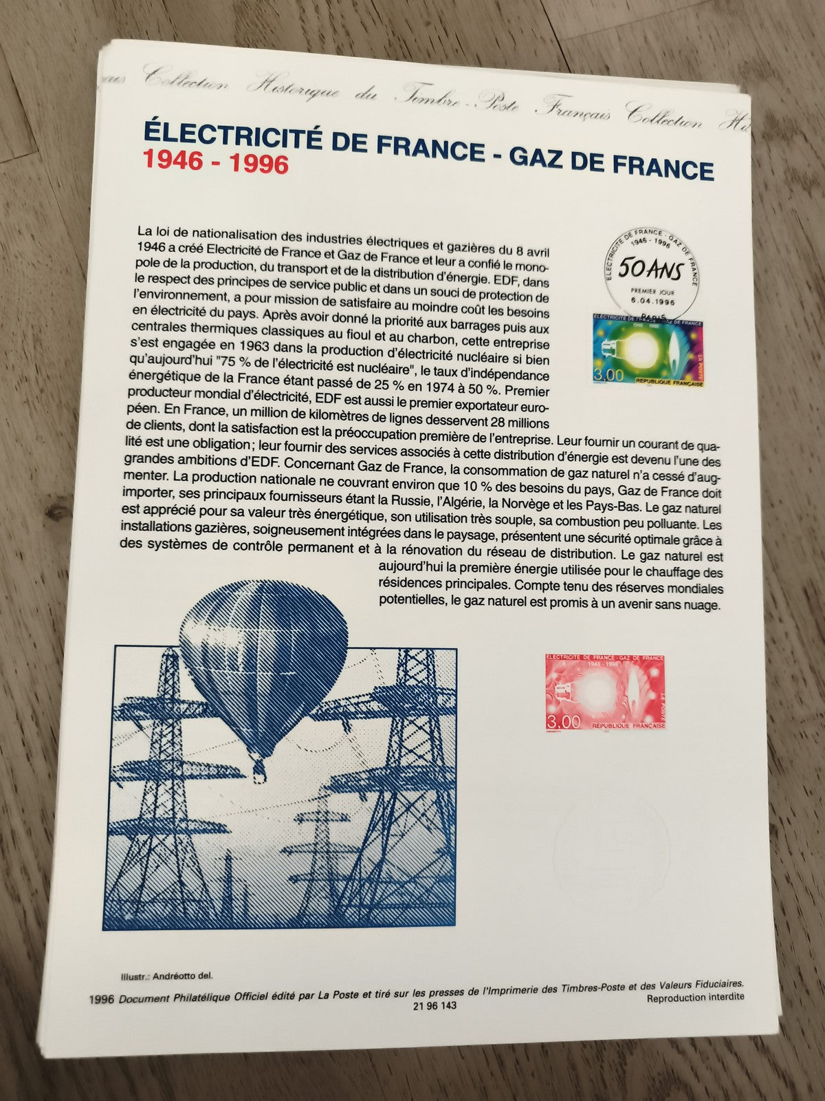 Feuillet philatélique Électricité de France Gaz de France 1946-1996 timbres 3F