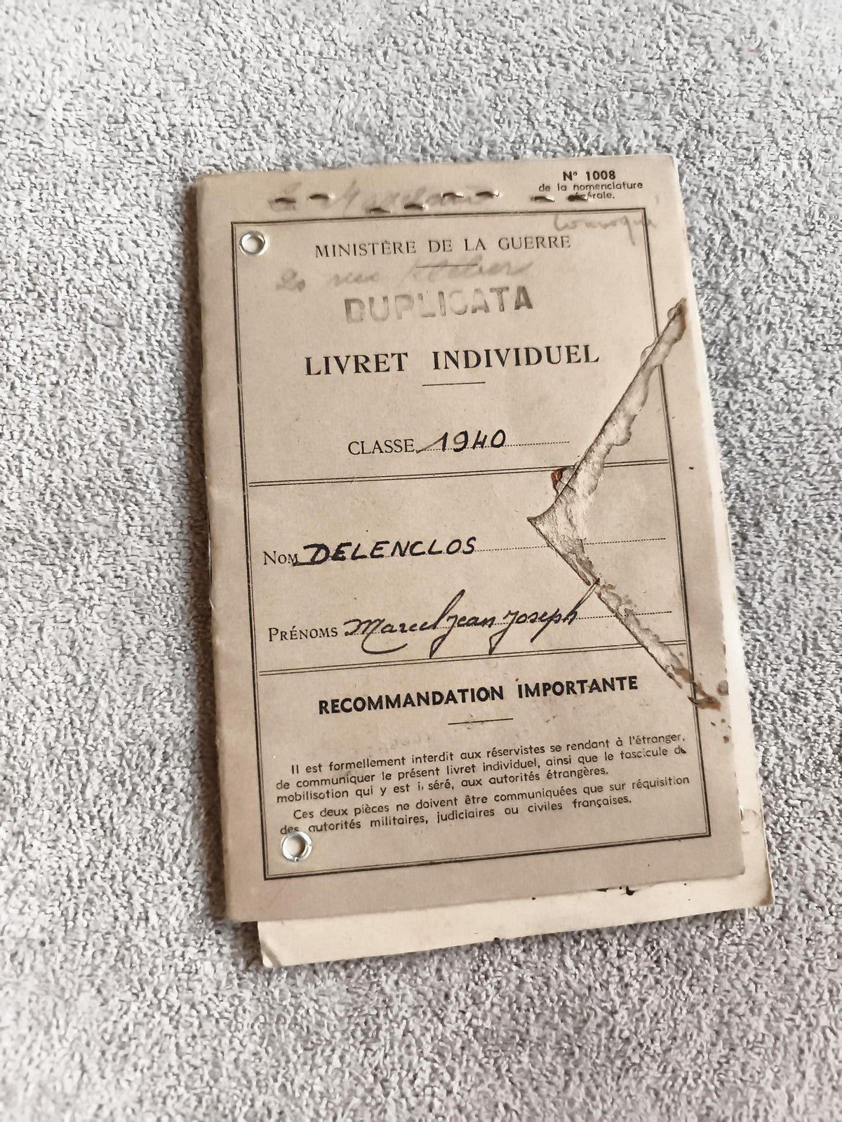 Livret militaire individuel 1940 duplicata Ministère Guerre ancien document WW2