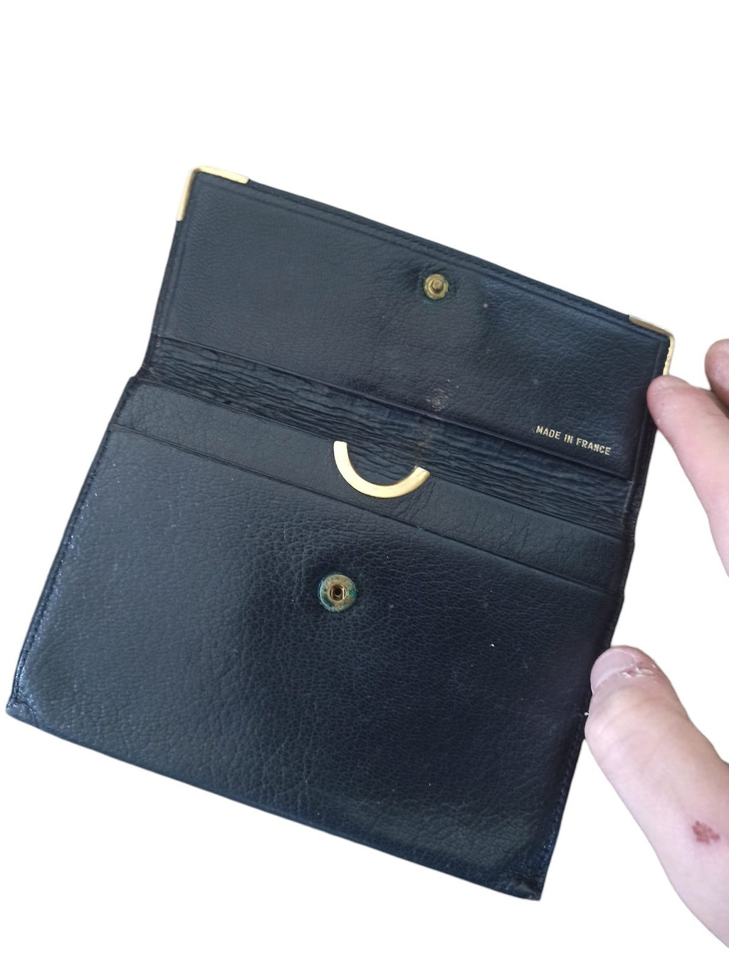 Portefeuille vintage Carita Paris cuir noir ancien, porte-monnaie élégant