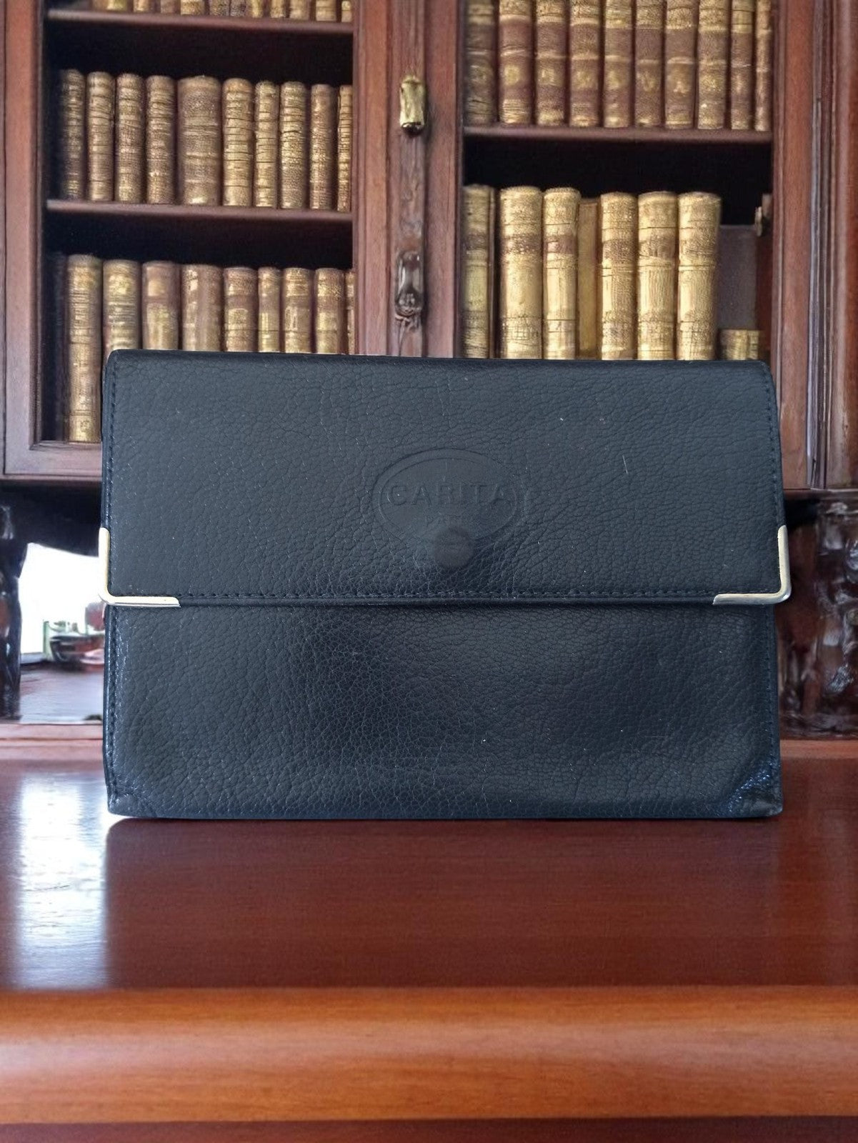 Portefeuille vintage Carita Paris cuir noir ancien, porte-monnaie élégant