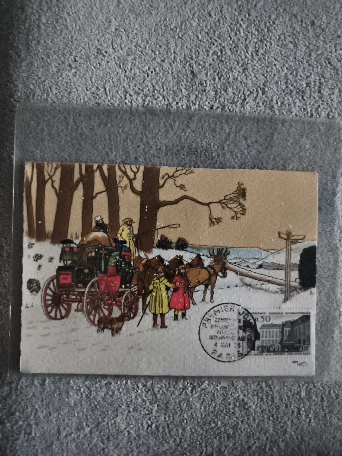 Carte postale illustrée diligence hiver timbre oblitéré Paris philatélie (Ref 27
