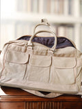 Sac de voyage vintage cuir beige ancien, grand format, multi-poches