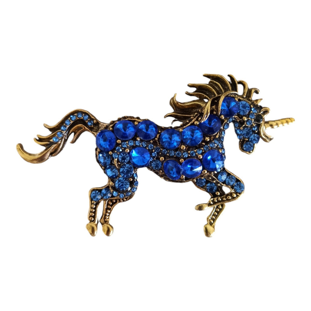 Broche licorne strass bleus élégante fantaisie dorée épingle costume