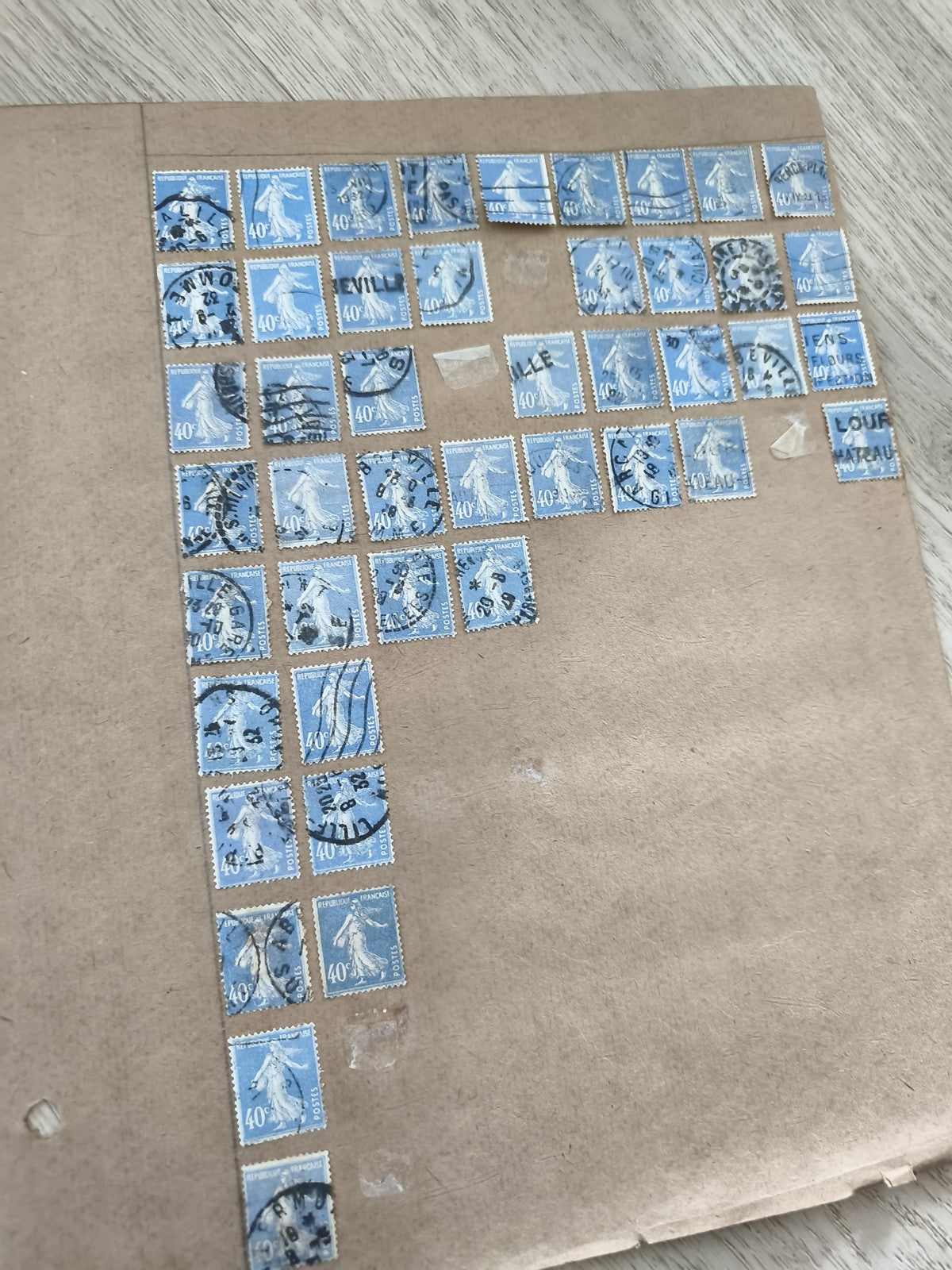 Gros lot timbres anciens France 40c bleu Marianne, planche philatélie étude