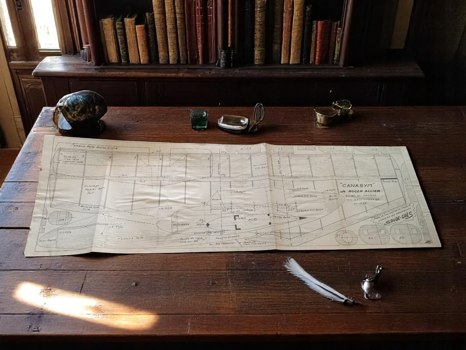 Plan avion CANASYM Roger Allier ancien, dessin technique vintage bois