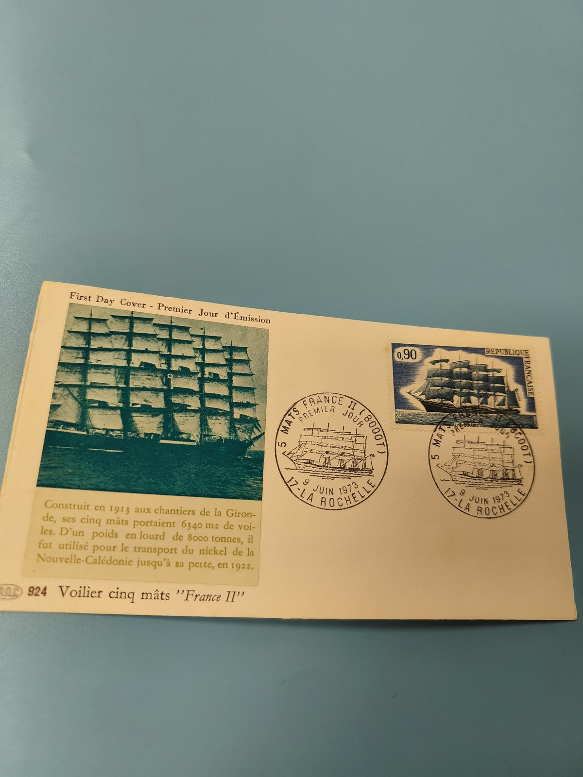 Enveloppe FDC Premier Jour France II voilier cinq mâts timbre 1973 La Rochelle