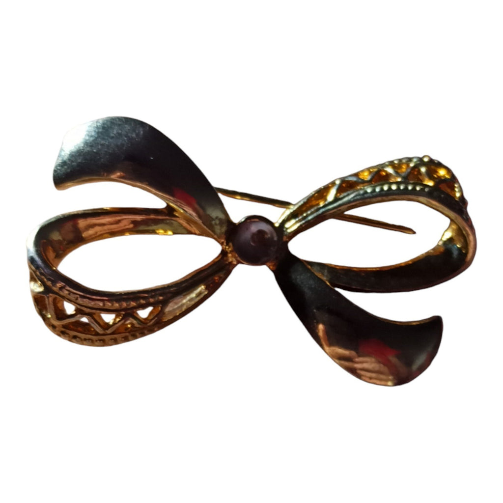 Broche vintage nœud doré style rétro élégant, métal doré, perle centrale