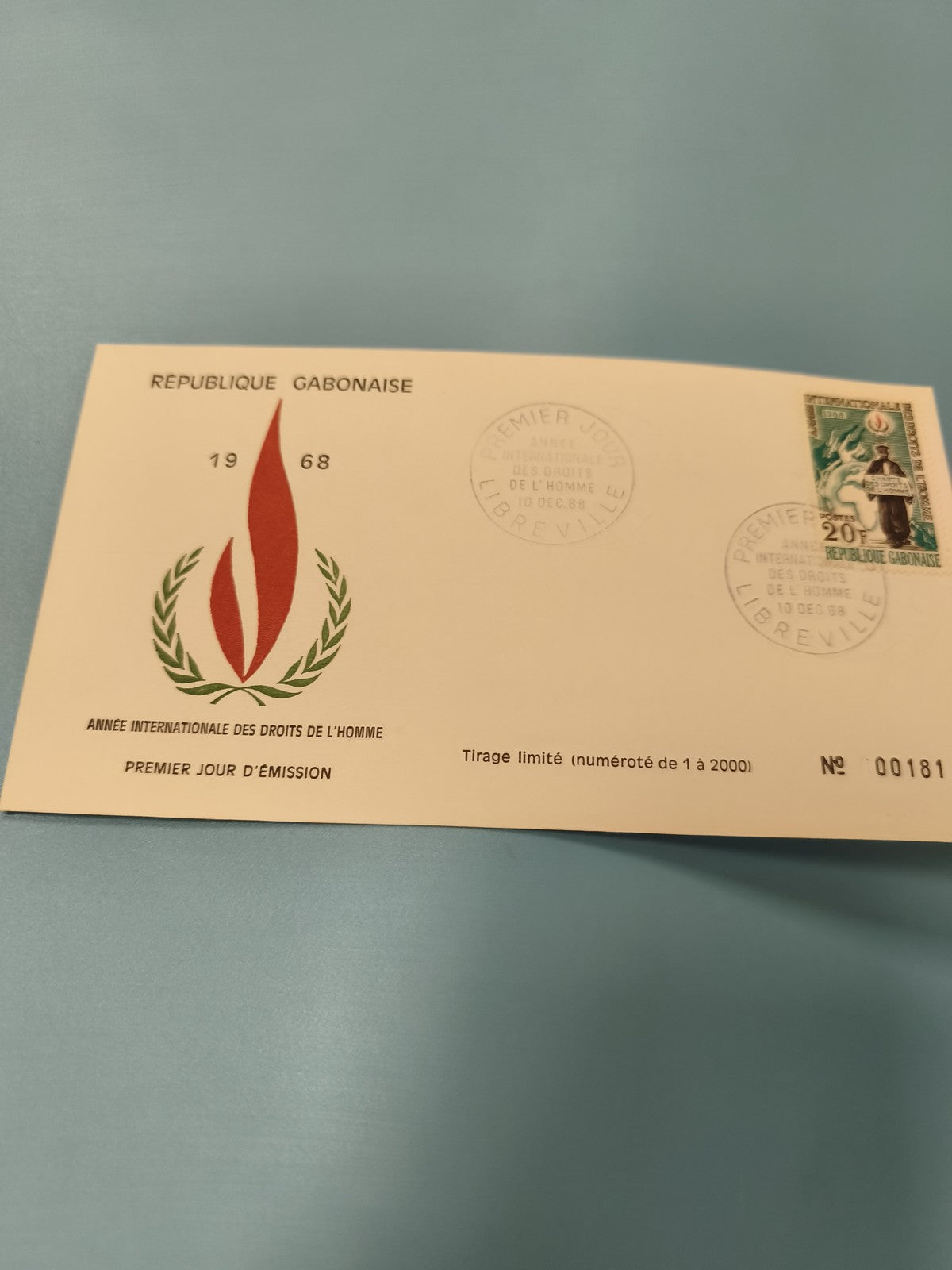 Enveloppe FDC Gabon 1968 droits de l?homme, tirage limité numéroté 00181