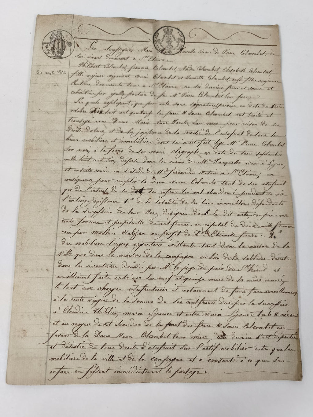 Acte manuscrit 1816 papier timbré Louis XVIII succession Colombet XIXe